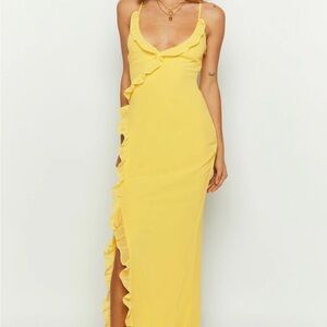 Yellow Ruched Maxi Dress with Spaghetti Straps